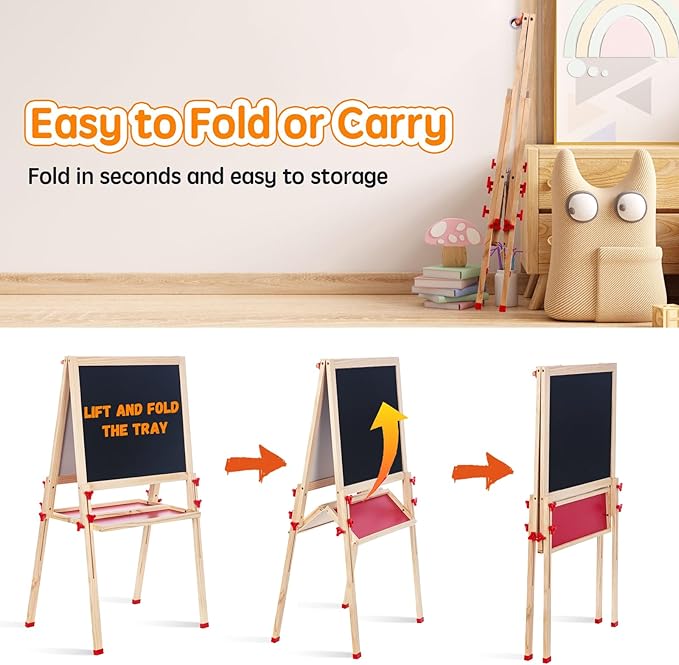 Wooden Adjustable Easel for Kids,Quick-Fold Kids Easel with Paper Roll&Accessories, Double Sided Painting Easel for Toddlers 3,4,5,6,7,8,9,10 Years,Perfect Painting Gifts&Supplies for Boys&Girls
