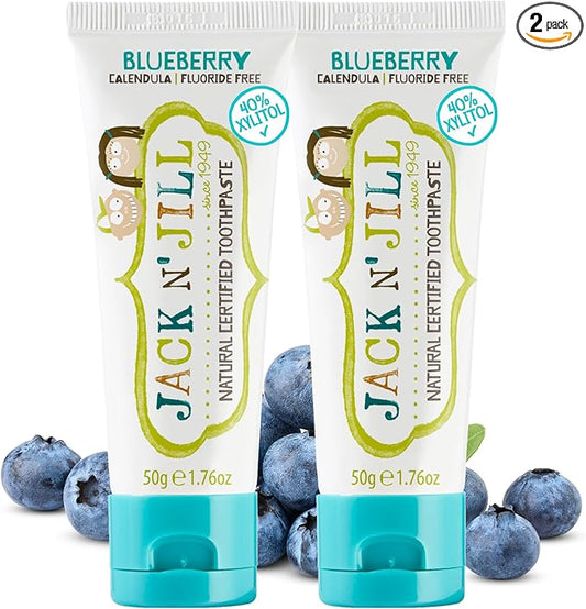Jack N' Jill Natural Toddler Toothpaste for Baby, Kids and Infants 6 Months & Up, Fluoride Free Training Toothpaste for Toddlers 1-3 (1.76 Fl Oz (Pack of 2), Blueberry)