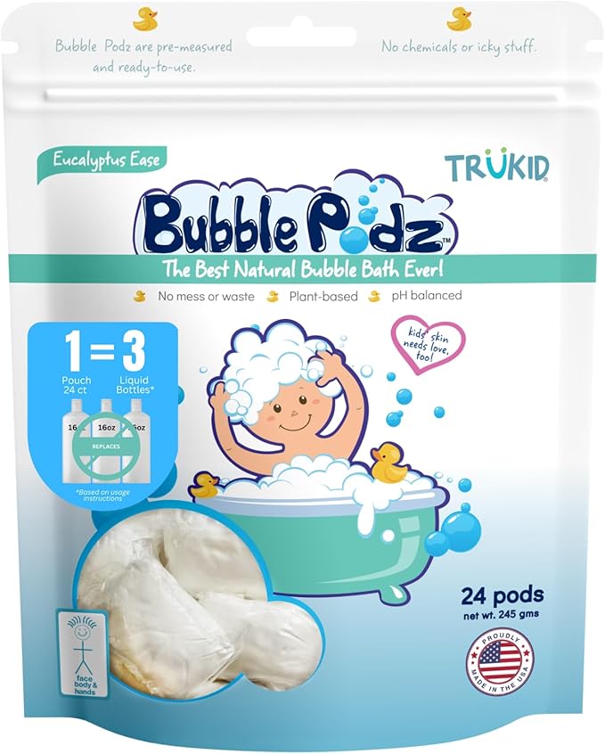 TruKid Bubble Podz Bubble Bath for Baby & Kids, Gentle Refreshing Bath Bomb for Sensitive Skin 7 for (24 Podz)