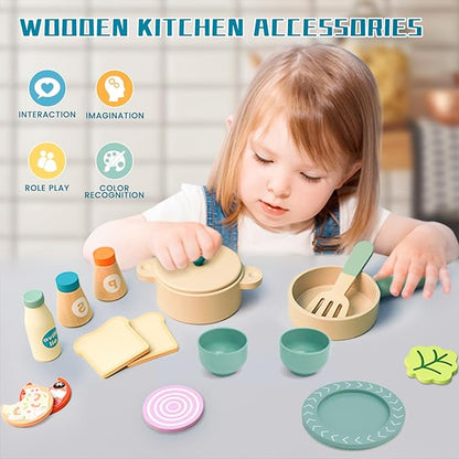 Wooden Play Cooking Set, 36pcs Kitchen Set for Toddlers, Play Food Sets for Kids Kitchen, Wood Play Kitchen Accessories with Fake Food,Pot & Pan,Utensils,Gifts for 3 4 5 Years Old Girls Boys