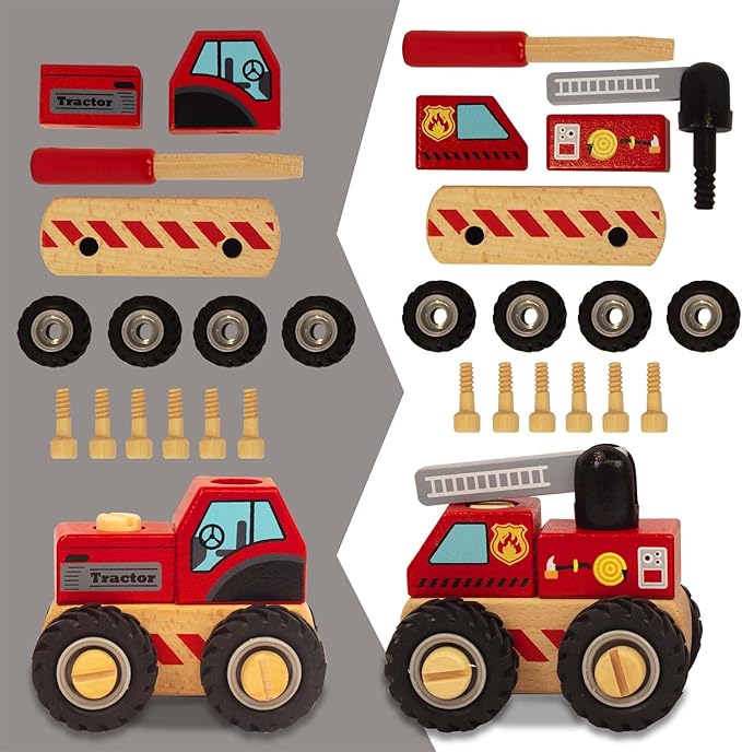 Construction Vehicles for Toddlers, 2 Pcs Wooden Detachable Assemble Cranes and Tractor 3 Years