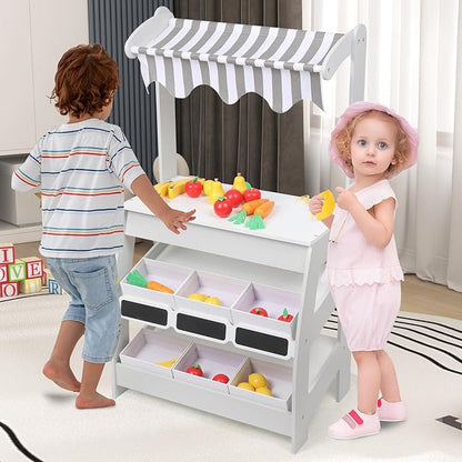 Wooden Market Stand Toy, Pretend Play Grocery Store Playset for Toddler, Fruit Vegetable Stand Selling Stall Shop with 24 PCS Food Accessories for Kids 3+
