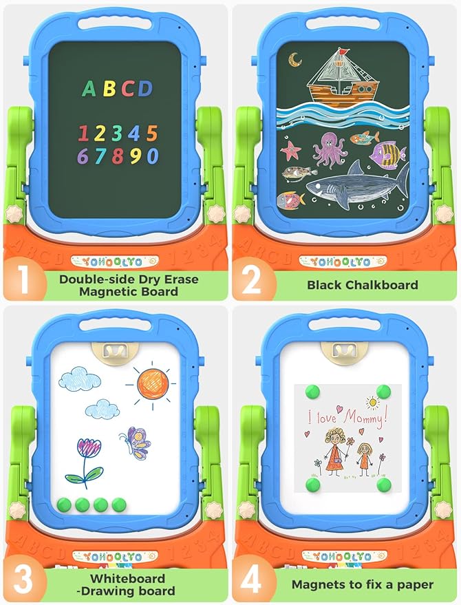 YOHOOLYO Kids Easel Standing Art Easel for Kids, Double Sided Magnetic Chalkboard Whiteboard Dry Eraser Board Great Gift for Girls and Boys
