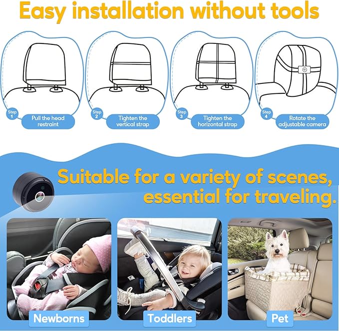 Baby Car Camera for Backseat 1080P - Plug and Play, HD Crystal Night Vision, Easy to Install, 360° Rotation, Wide View Angle, Protect Baby's Eye - Rear Facing Carseat Camera for Newborn, Infant, Kids
