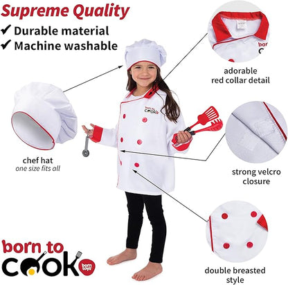Born Toys Chef Costume for Kids w/ Chef Hat for Kids Ages 3-7, Kids Kitchen Accessories Set w/ Fun Recipe Book, Cooking Set for Kids Costume Washable and Dress Up & Pretend Play for Boys & Girls