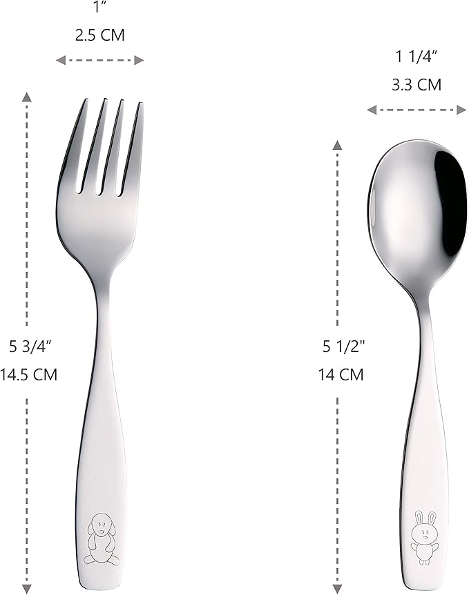 ANNOVA Children's Flatware Set - Stainless Steel Cutlery/Silverware - Safe Kids Toddler Utensils Lunch Box (Engraved Dog Cat Bunny) (Stainless Steel, 12 Forks & Spoon)
