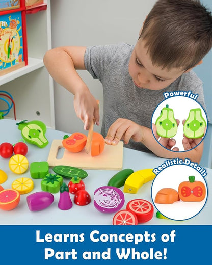 Wooden Play Food Set Color Sorting Toys, Pretend Food for Play Kitchen Accessories Toddler Fruit Veggies Cutting Toy, Grocery Store Pretend Play for Kids Kitchen