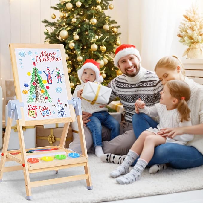 XCSOURCE Art Easel for Kids, 360°Rotating Adjustable Toddler Easel, Double Sided Wooden Kids Easel Drawing Board with Magnetic Chalkboard, Dry Erase White Board & Paper Roll Paint Art Set for Kids 2+