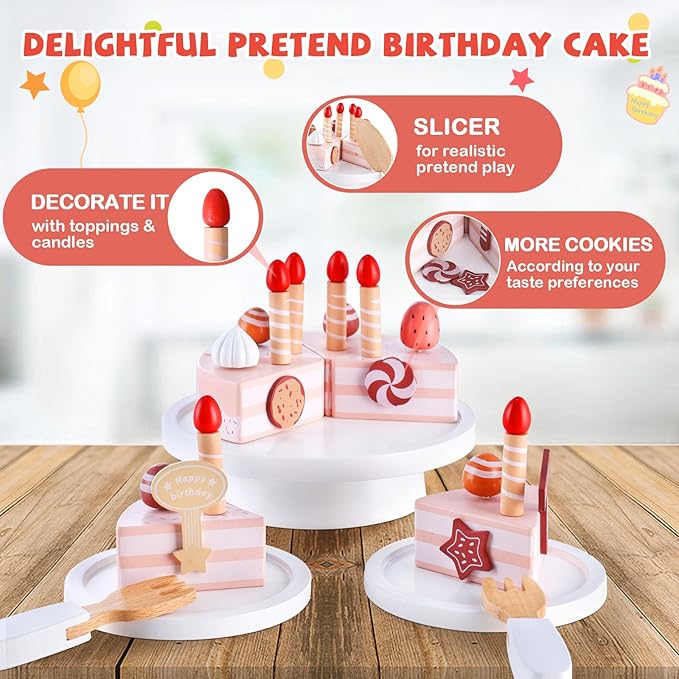 Wooden Birthday Cake Toys, DIY Pretend Play Food for Kids, Tea Party Fake Cake with Candles Plates Fork and Knife for Toddlers Ages 3 4 5 6 7 Years Old Boys Girls Gifts