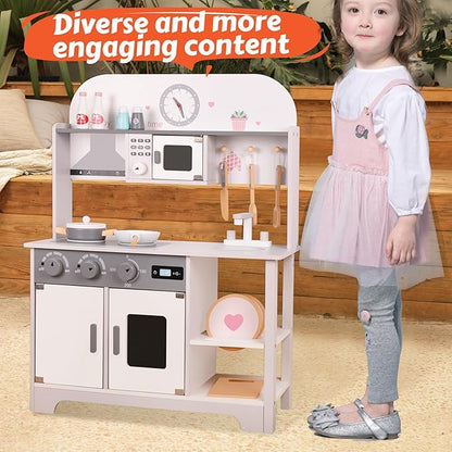 Wooden Kitchen Sets for Kids, Play Toddler Kitchen Playset, Chef Pretend Kitchen with Plenty of Play Features, Toy Kitchen with Toy Food & Cookware Accessories, Early Education Toy Gift for Boys Girls