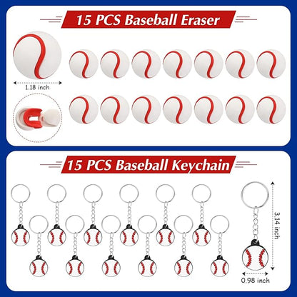Aoriher Baseball Sport Party Favors for Kids, 15 Sets Sport Goodie Silicone Sport Bracelets Mini Stress Ball Keychain Temporary Tattoo Sticker Eraser for Sport Birthday Party Supplies Total 85 Pcs