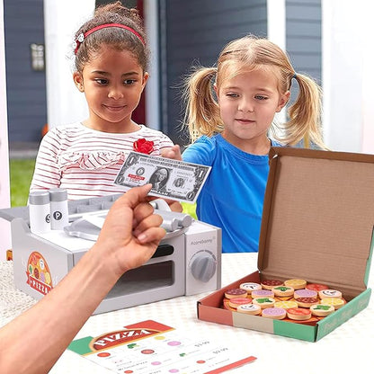 Wooden Pizza Toy 50pcs Toddler Pizza Counter Playset Kids Pretend Play Kitchen Accessories with Play Food, Bake Oven, Chef Role Play Set Xmas Birthday Gift for 3 4 5 6 Year Old Boys Girls