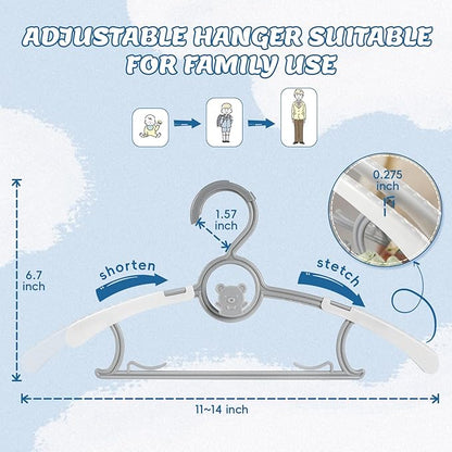 Baby Hangers 30 Pack Extendable Adjustable Kids Hangers - Stackable Kid Hangers,11-14 Inch Non-Slip Plastic Toddler Hangers for Baby Kids Children,Grey Bear Kids Clothes Hangers for Closet