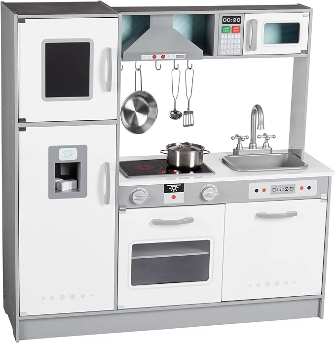 Amazon Basics Kids Upright Wooden Kitchen Toy Playset with Stove, Oven, Sink, Fridge and Accessories, for Toddlers, Preschoolers, Children Age 3+ Years, White & Gray, 39"L x 11.8"W x 39'H'
