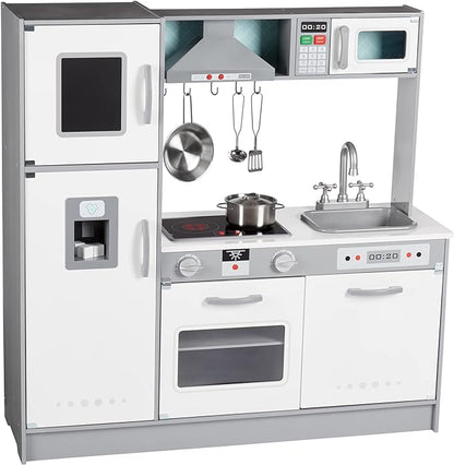 Amazon Basics Kids Upright Wooden Kitchen Toy Playset with Stove, Oven, Sink, Fridge and Accessories, for Toddlers, Preschoolers, Children Age 3+ Years, White & Gray, 39"L x 11.8"W x 39'H'