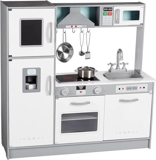 Amazon Basics Kids Upright Wooden Kitchen Toy Playset with Stove, Oven, Sink, Fridge and Accessories, for Toddlers, Preschoolers, Children Age 3+ Years, White & Gray, 39"L x 11.8"W x 39'H'