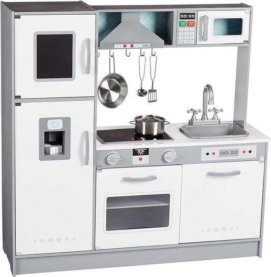 Amazon Basics Kids Upright Wooden Kitchen Toy Playset with Stove, Oven, Sink, Fridge and Accessories, for Toddlers, Preschoolers, Children Age 3+ Years, White & Gray, 39"L x 11.8"W x 39'H'