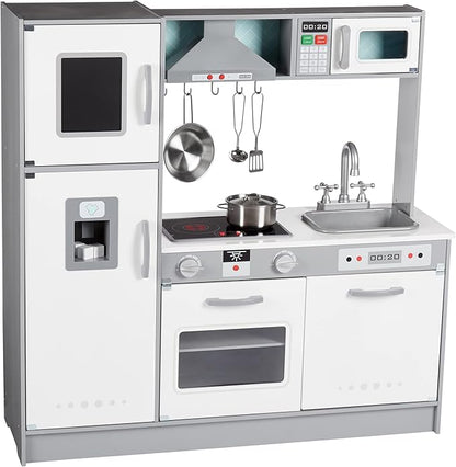 Amazon Basics Kids Upright Wooden Kitchen Toy Playset with Stove, Oven, Sink, Fridge and Accessories, for Toddlers, Preschoolers, Children Age 3+ Years, White & Gray, 39"L x 11.8"W x 39'H'