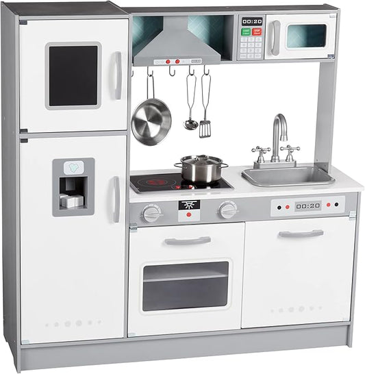 Amazon Basics Kids Upright Wooden Kitchen Toy Playset with Stove, Oven, Sink, Fridge and Accessories, for Toddlers, Preschoolers, Children Age 3+ Years, White & Gray, 39"L x 11.8"W x 39'H'