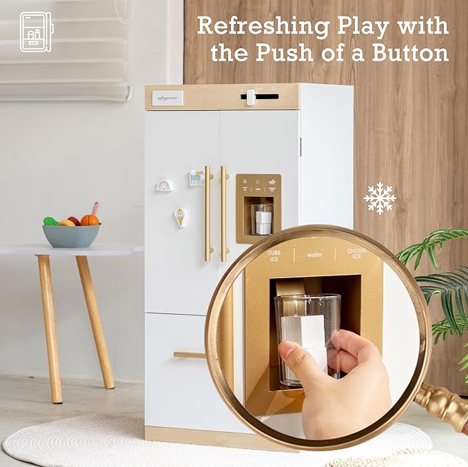 Wooden Play Kitchen Fridge with Ice Maker – Pretend Refrigerator for Kids & Toddlers, Play Refrigerator Appliance Toy for Ages 3+, Perfect Play Kitchen Fridge for Boys & Girls