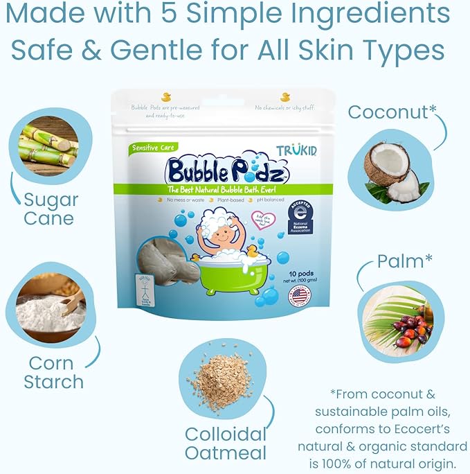 TruKid Bubble Podz Bubble Bath for Baby & Kids, NEA-Accepted for Eczema 7 for (10 Podz)