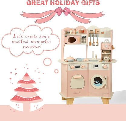 Wooden Play Kitchen for Kids Toddlers, Wooden Pretend Play Kitchen Set Toy with Washing Machine and Coffee Grinder, Toys Kitchen Gift for 3+ Year Old Kids, Girls & Boys