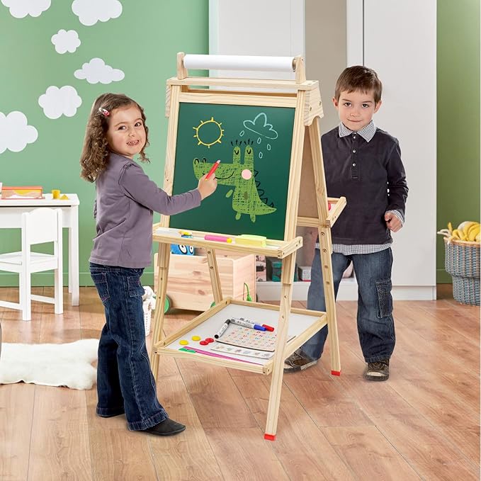 Wooden Easel for Kids 3 in 1 Kids Easel with Paper Roll Adjustable Height Art Easel Chalkboard & Whiteboard Drawing Easel for Kids Toddlers.