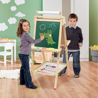 Wooden Easel for Kids 3 in 1 Kids Easel with Paper Roll Adjustable Height Art Easel Chalkboard & Whiteboard Drawing Easel for Kids Toddlers.