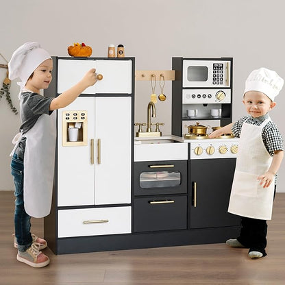 Wooden Play Kitchen Set for Kids – Interactive Pretend Toddler Kitchen Playset with 12 Kitchen Toy Accessories, Perfect for Ages 3+