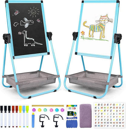 WEYOUNG Easel for Kids Easel for Toddlers, Adjustable Standingg Metal Toddler Easels Whiteboard & Chalkboard for Kids, Magnetic Art Easel for Kids Age 2-4 4-8 9-12, Blue
