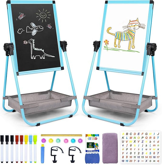 WEYOUNG Easel for Kids Easel for Toddlers, Adjustable Standingg Metal Toddler Easels Whiteboard & Chalkboard for Kids, Magnetic Art Easel for Kids Age 2-4 4-8 9-12, Blue