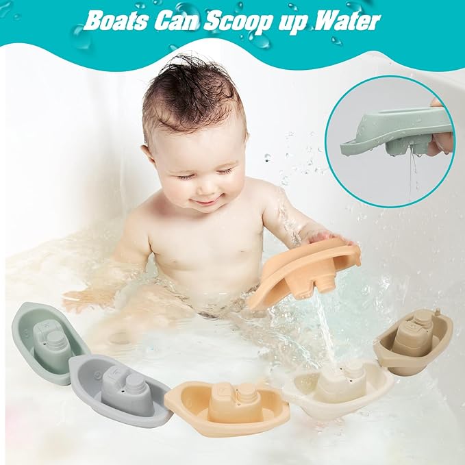 Bath Toys Floating Boats with Silicone Bath Toys,9pcs Mold Free Baby Bath Toys for Infants 6-12-18 Months 1-3,Shower Toys 1 2 3 4