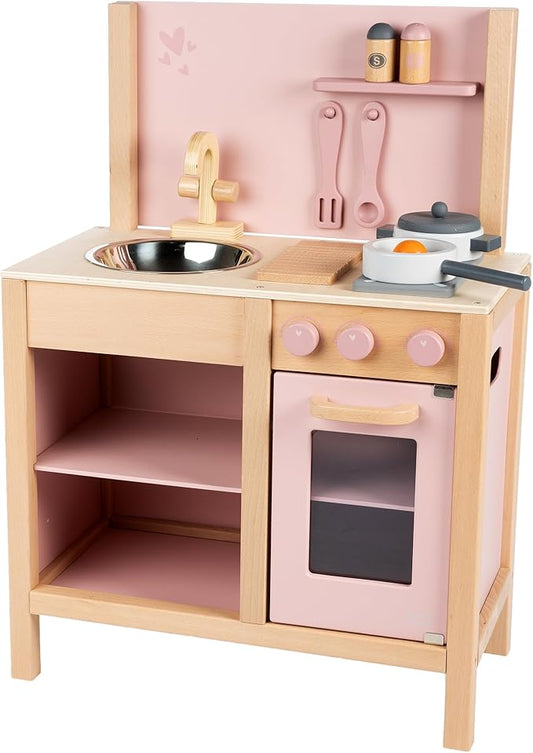 Wooden Kitchen Play Set - Pink - Standing Appliance Toy, Cooking & Food Accessories, Storage-Oven-Sink, Pretend Play Station, Kids Age 3+