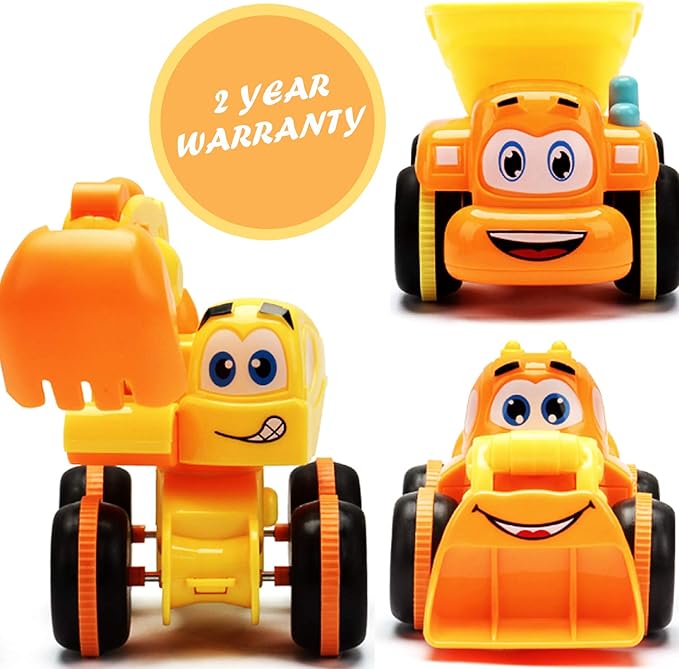 Toys for a 2 Year Old Boy - 3 Friction Powered Trucks for 2+ Year Old Boys, Push & Go Cars Cartoon Construction Vehicle Set