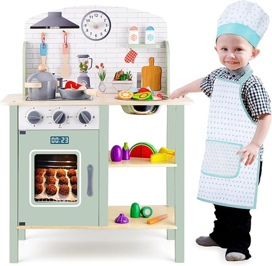 Wooden Play Kitchen for Kids, Kids Children Pretend Toy Kitchen Playset, Toys Kitchen with Realistic 24 Pieces Toy Accessory, Cutting Play Food Toys Gifts for Ages 3-8 Girls Boys