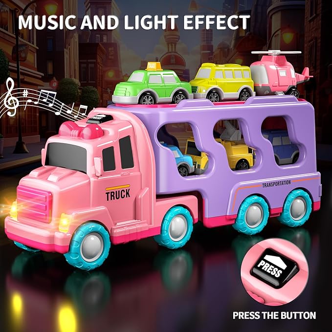 Bennol Car Truck Toys for 1 2 3 4 5 Year Old Girls Toddlers, 7-in-1 Carrier Truck Toddler Girl Bus Toys 1 2 3 4 5 Year
