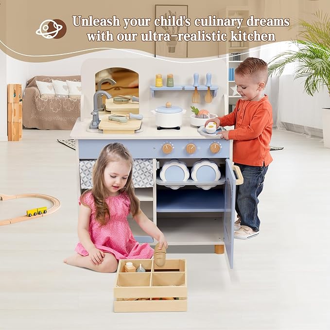 Wooden Kitchen Playset for Kids, Toddler Play Kitchen with 32Pcs Accessories Cutting Food Set, Stove & Water Sink, Pretend Play Toy for Kids Ages 3+