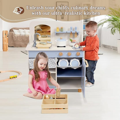 Wooden Kitchen Playset for Kids, Toddler Play Kitchen with 32Pcs Accessories Cutting Food Set, Stove & Water Sink, Pretend Play Toy for Kids Ages 3+