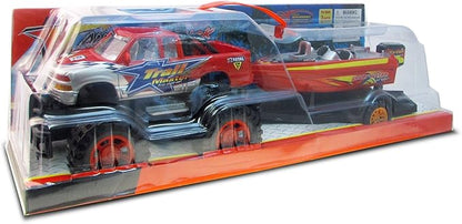 Mozlly Monster Truck Toys Set with Trailer Toy Boat - Friction Powered Hauling Truck and Trailer Toy, Big Toy Monster Truck with Boat 9 Inch