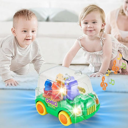 Dinosaur Bus Cars (Green)，Light Up Toy Toddler Trucks，Automatic Bump & Go Clear with Color Moving Gears, Music 1-3 2-4