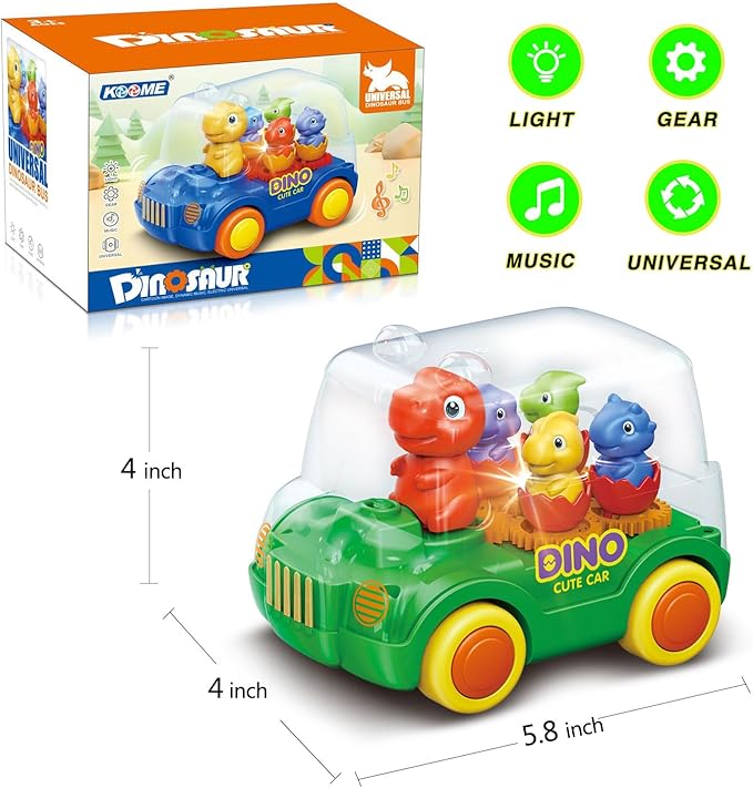 Dinosaur Bus Cars (Green)，Light Up Toy Toddler Trucks，Automatic Bump & Go Clear with Color Moving Gears, Music 1-3 2-4