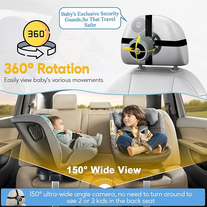 Baby Car Camera for Backseat 1080P - HD Crystal Night Vision, Easy to Install, 360° Rotation, Protect Baby's Eye, Perfect for Grey Car Interiors, Rear Facing Backseat Camera for Newborn, Infant, Kids