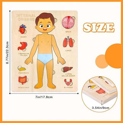 Wooden Body Puzzles for Kids, Toddler Montessori 14 Pieces Boy Anatomy Puzzle, Human Body Learning Toy with Internal Organs Early STEM Educational Toy for Boys and Girls Ages 3 4 5 6 Years Old