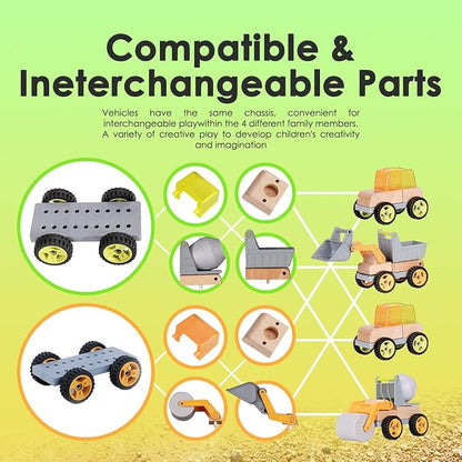 Wooden Construction Toy Trucks for Toddlers, 4PCS Mini Vehicle Toys Shovel 3 4 5 6