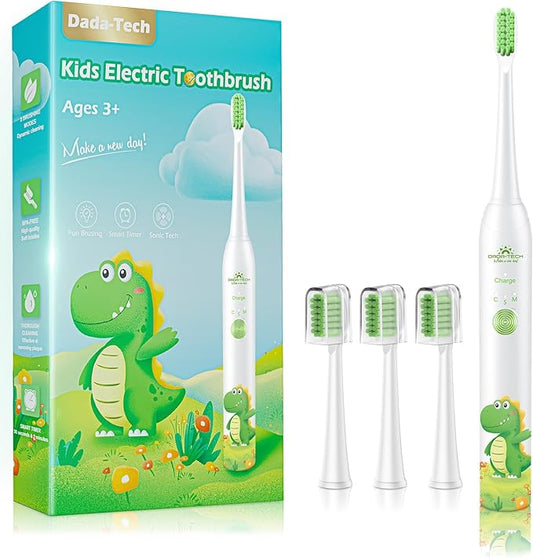 Kids Electric Toothbrush Rechargeable Age 3-5-6-12-18 Year Old, Dinosaur Toothbrush for Kids with Timer 3 Modes 4 Vibrating Heads Habit Stickers 31000VPM Boys Electric Toothbrush (Dinosaur White)