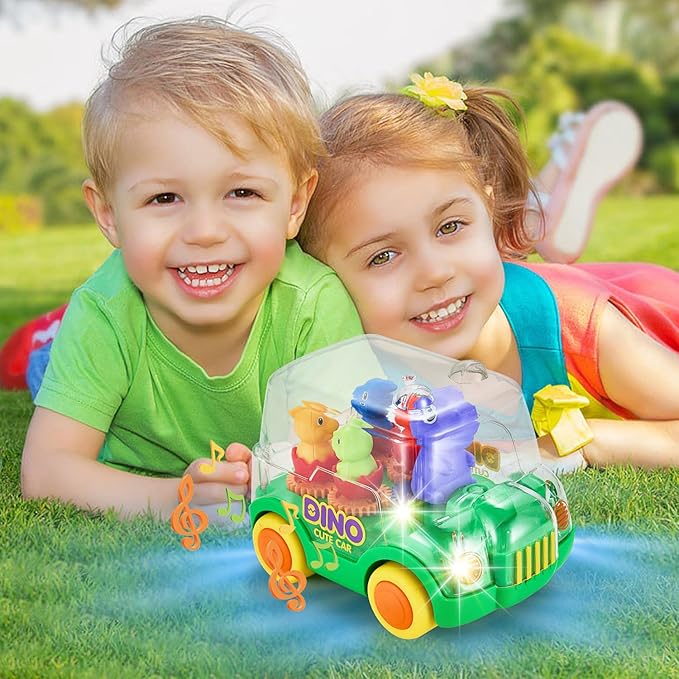 Dinosaur Bus Cars (Green)，Light Up Toy Toddler Trucks，Automatic Bump & Go Clear with Color Moving Gears, Music 1-3 2-4