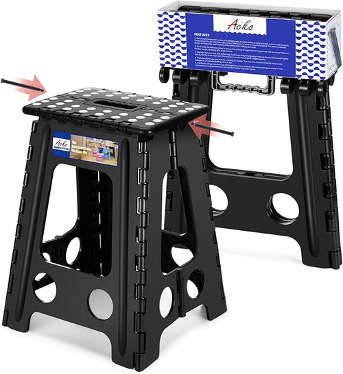 ACKO Folding Step Stool Foldable 17.5 Inch Stool 400 lbs Capacity,Plastic Stools for Adults and Kids,Collapsible Stool for Kitchen, Stepping Stool with Handle(Black)