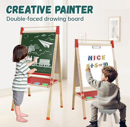 Wooden Art Easel for Kids and Toddlers, Double-Sided with Magnetic Drawing Board, Adjustable Height, Includes Magnetic Letter & Number Set and Paper Roll.