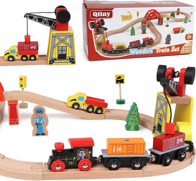 Qilay Wooden Train Set for Toddler - 39 Pcs Wooden Train Tracks with Crane, Bridge & 5 Wooden Trains 3,4,5 Year