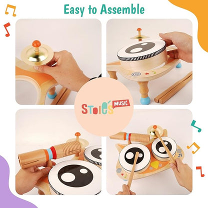 Stoie's Owl Drum Set for Toddlers 3-5 - Wooden Percussion Musical Instruments for Kids with Cymbals, Wooden Spunder, Tambourines, Drumsticks